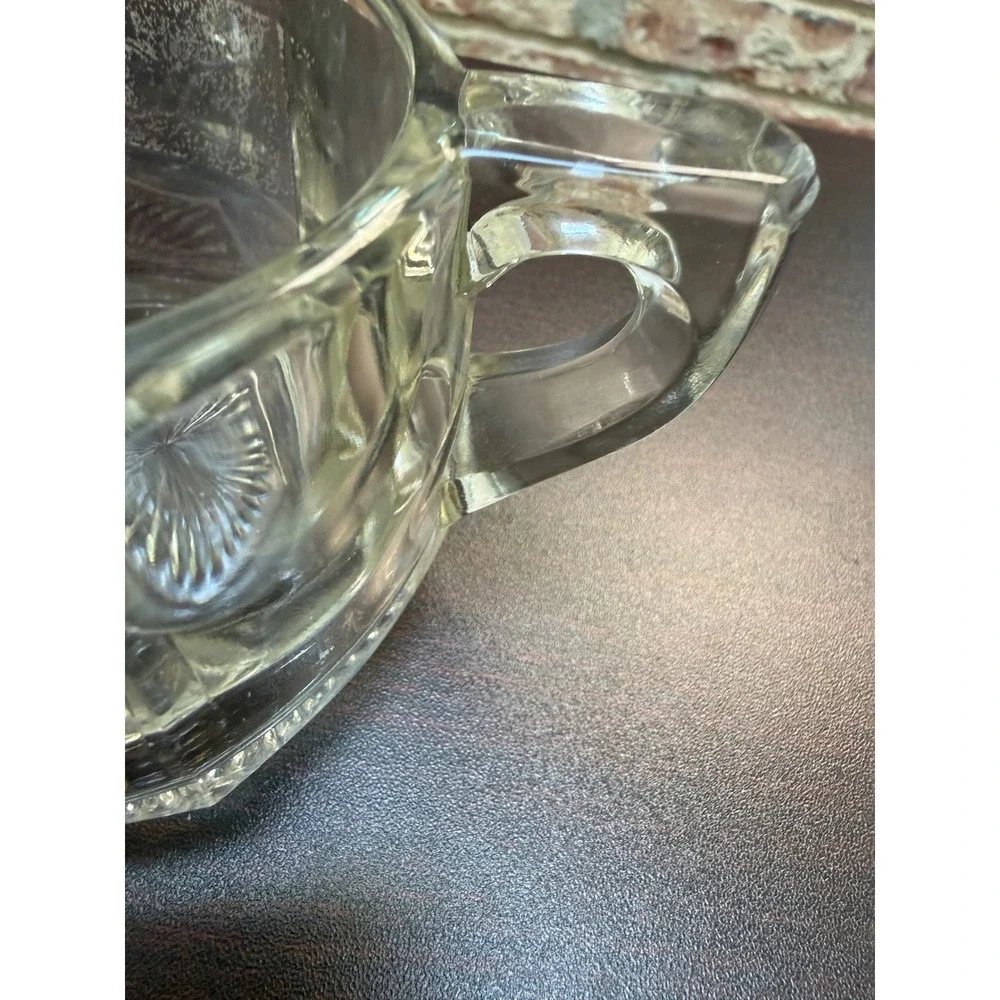 VTG MCM Clear Pressed Glass Open‎ Sugar Bowl Paneled Sunburst Base Double Handle